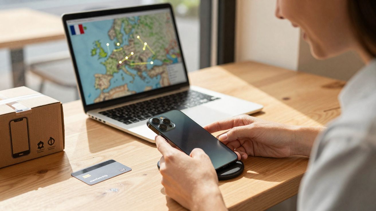 Pessoa usando smartphone com laptop exibindo mapa da Europa em mesa com cartão e caixa.