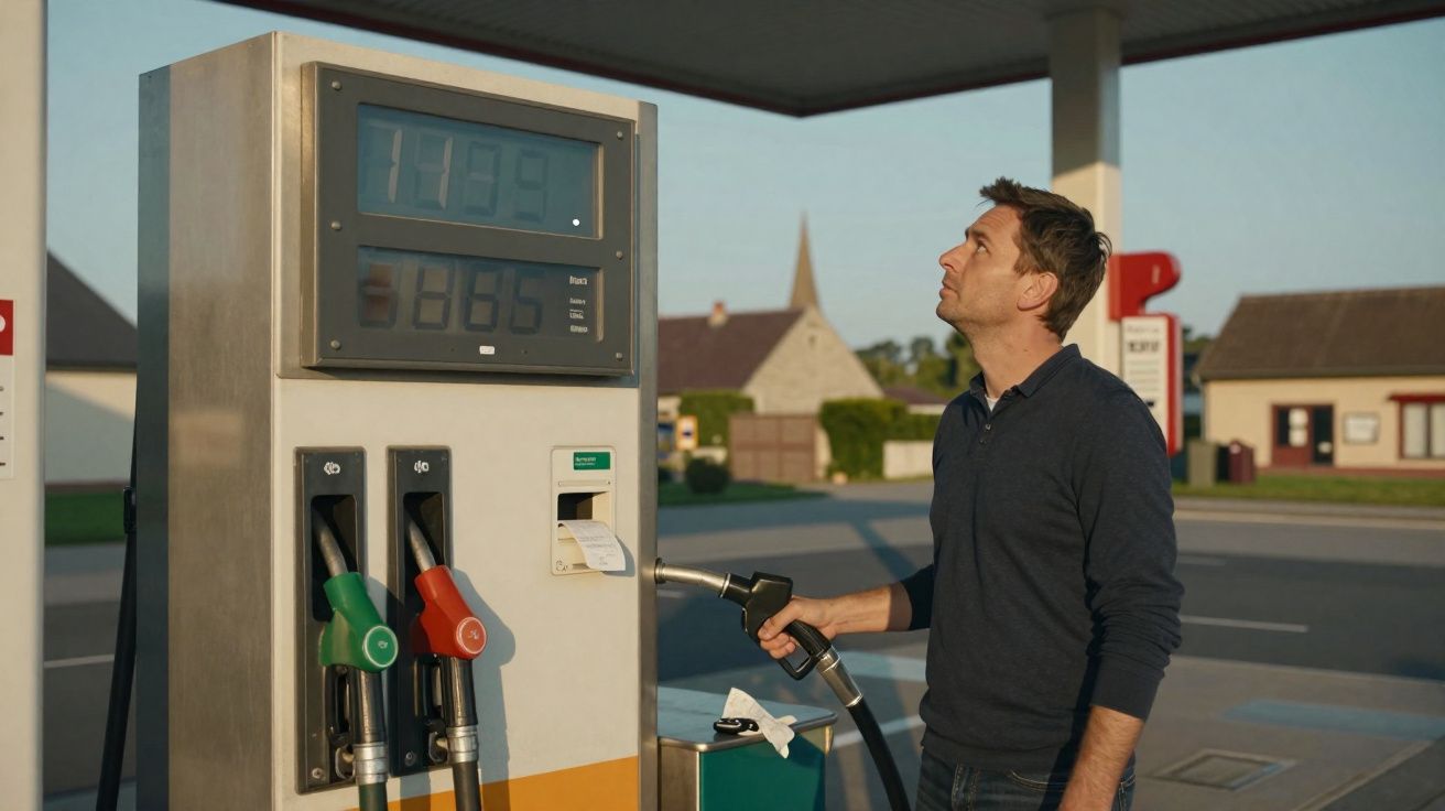 Homem abastecendo carro em posto de combustível com prédios ao fundo durante o dia.