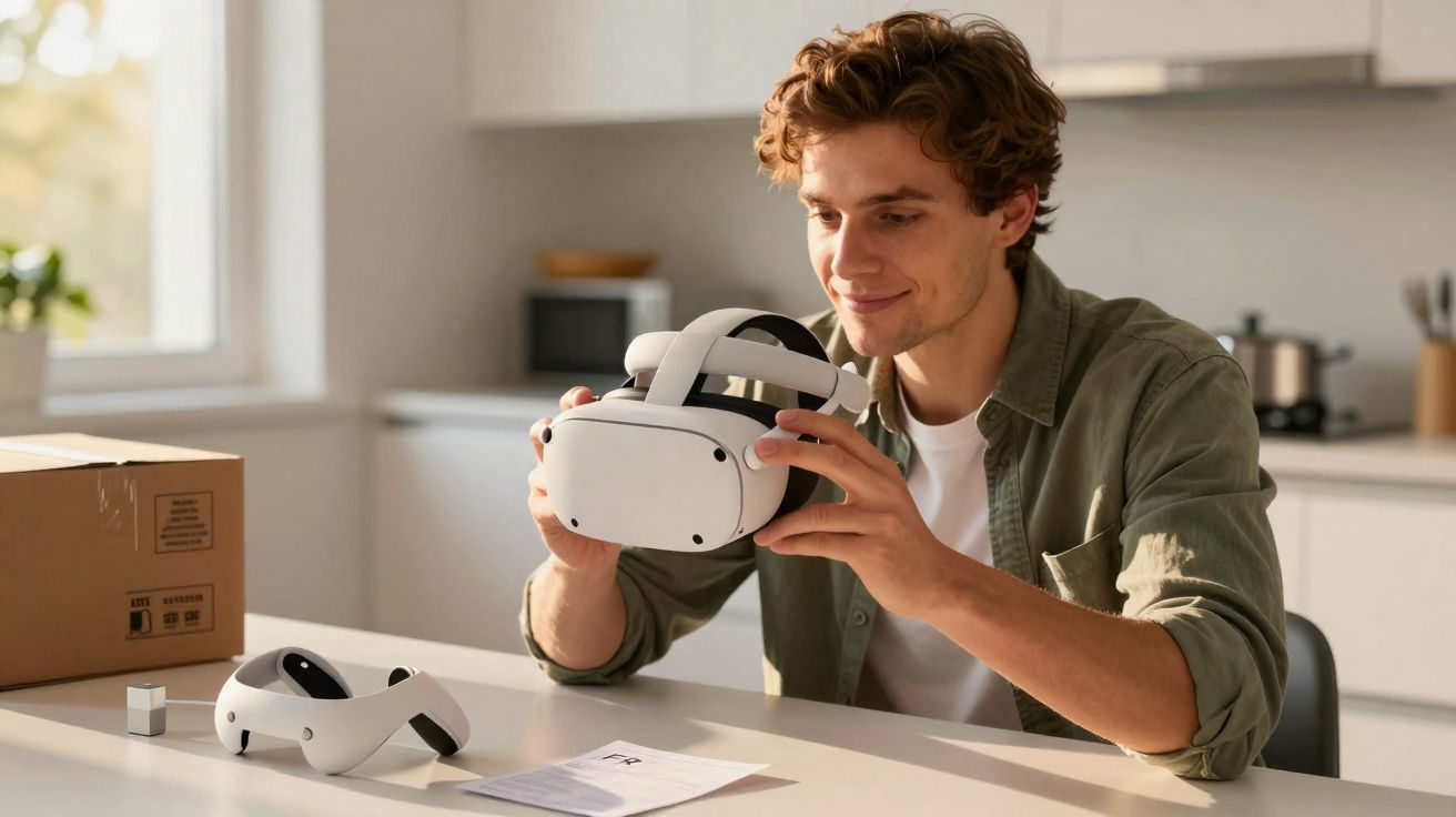 Homem sentado à mesa manuseando óculos de realidade virtual em cozinha moderna iluminada.