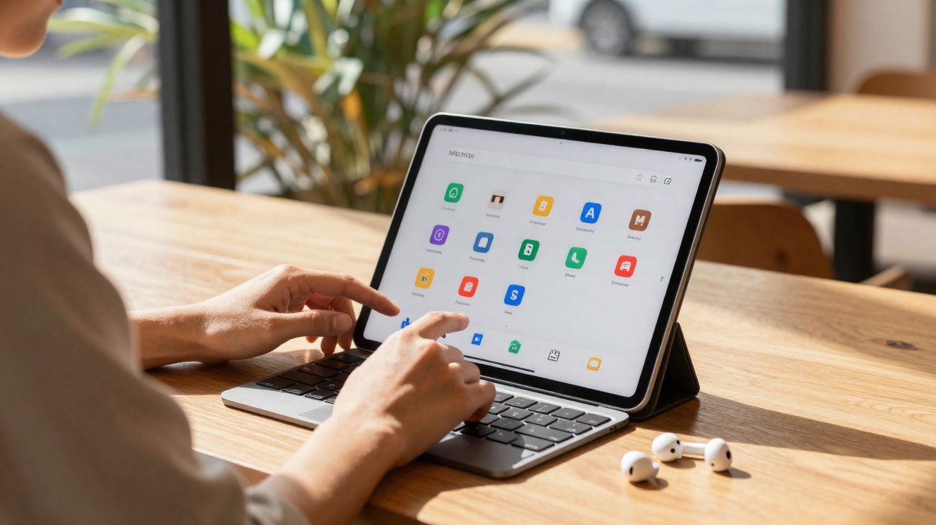 Pessoa usando tablet com teclado destacável em mesa de madeira, ao lado de fones de ouvido sem fio brancos.