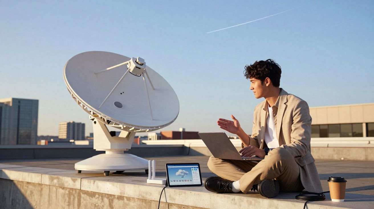 Jovem sentado com laptop ao lado de antena parabólica e roteador em telhado urbano ao entardecer.