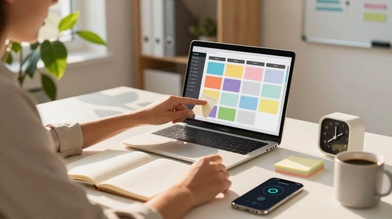 Pessoa usando notebook com aplicativo de organização de tarefas coloridas na tela, em mesa com relógio, café e celular.