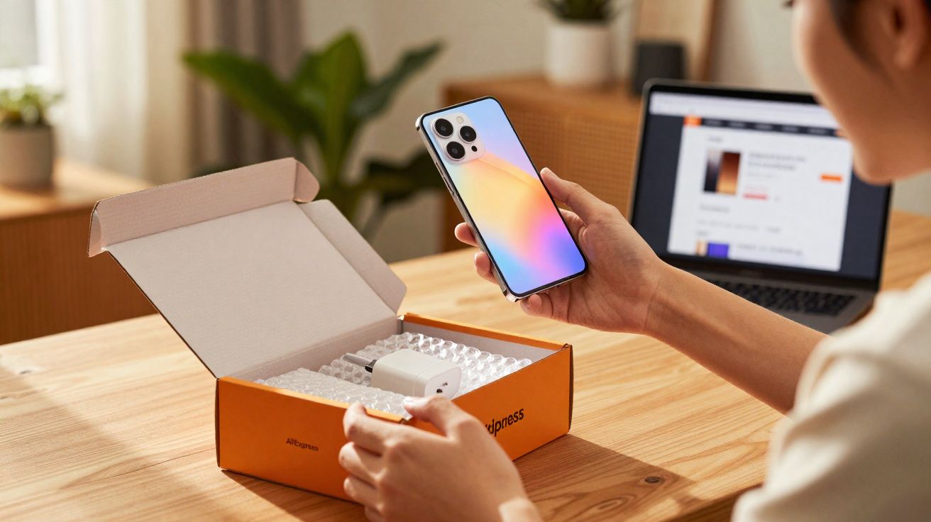 Pessoa segurando smartphone colorido ao lado de caixa laranja aberta com carregador sobre mesa de madeira.