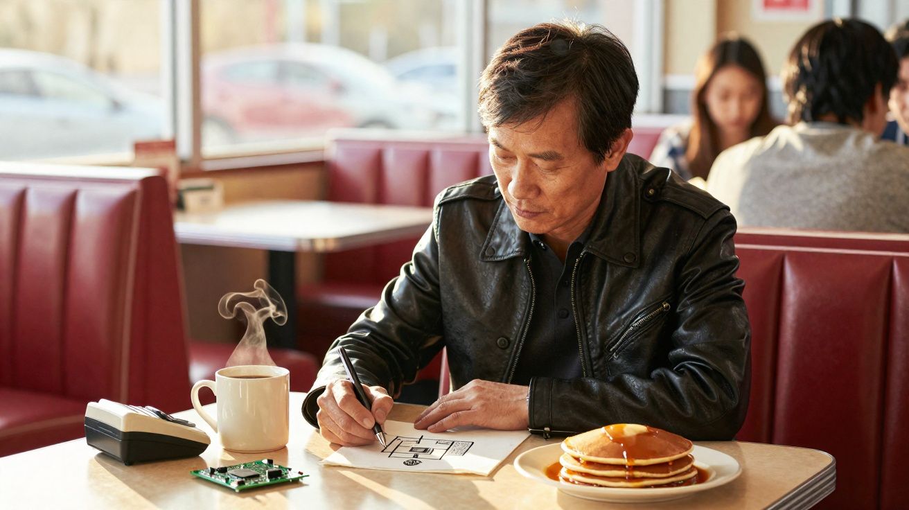 Homem em jaqueta de couro desenha um esquema na mesa de restaurante com café e panquecas à sua frente.