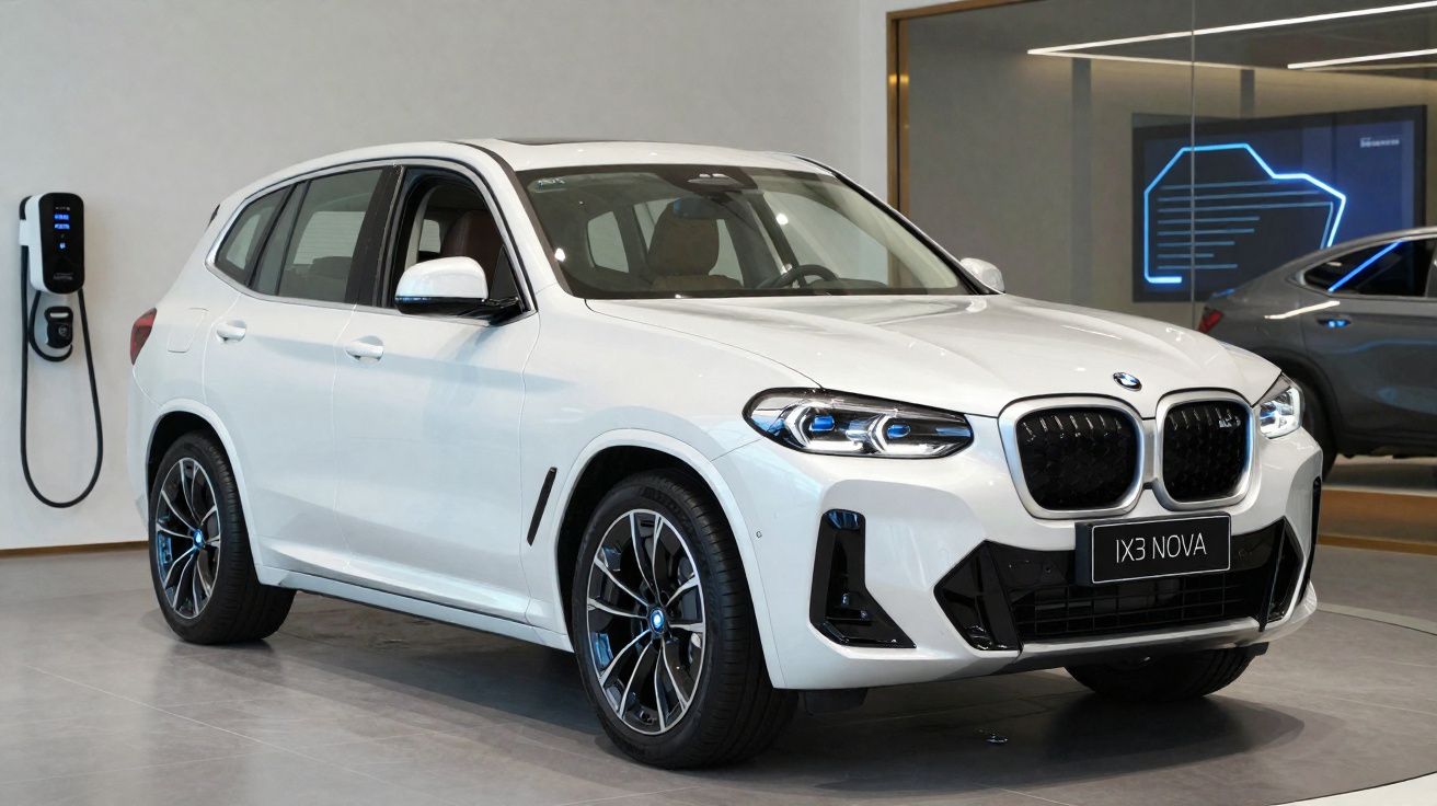 Carro SUV BMW branco modelo iX3 Nova em exposição ao lado de carregador elétrico.