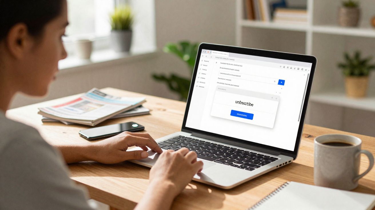 Pessoa usando laptop em mesa de madeira, olhando mensagem de confirmação para cancelar assinatura online.