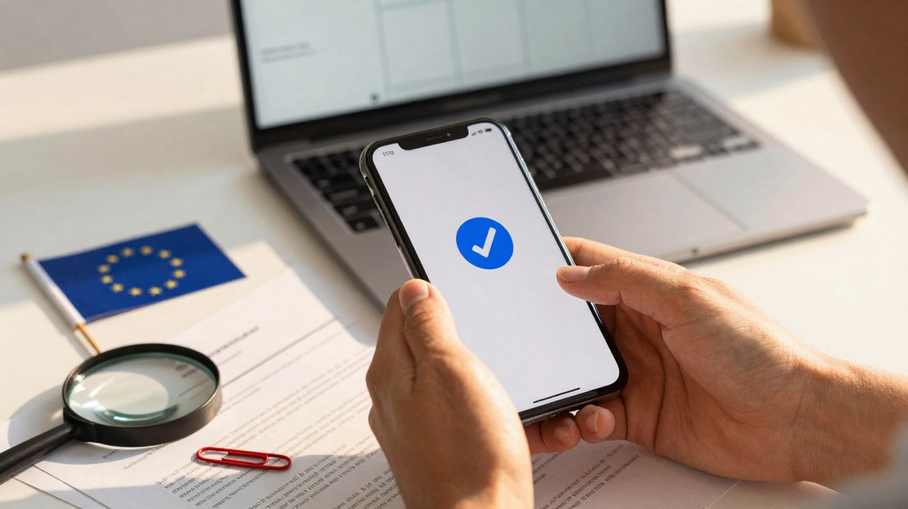 Pessoa segurando celular com opção verificada na tela, ao fundo laptop, lupa, clipes e bandeira da União Europeia.