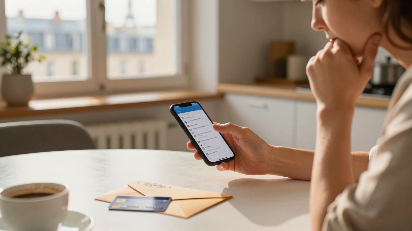 Mulher usando celular para acessar aplicativo bancário, com cartão e envelope sobre mesa na cozinha.