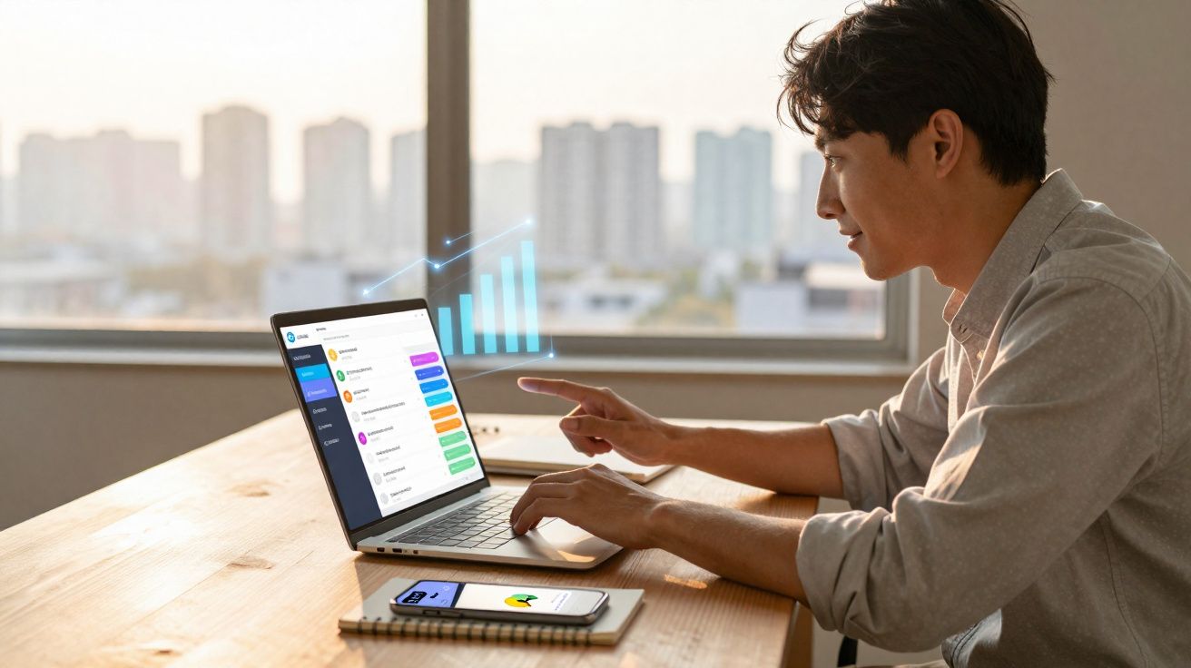 Homem jovem usando laptop com gráficos digitais e celular sobre mesa de madeira, com janela ao fundo.