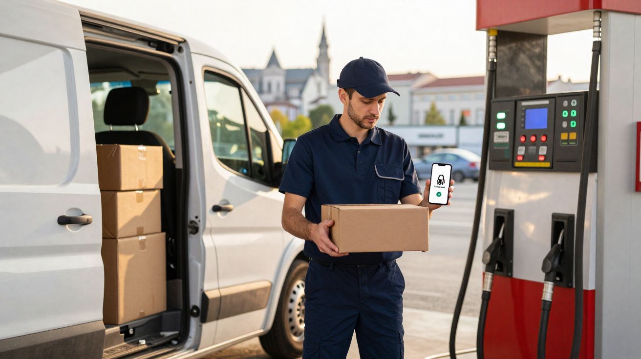 Homem entregador com uniforme azul segura caixa e celular ao lado de van branca em posto de gasolina.