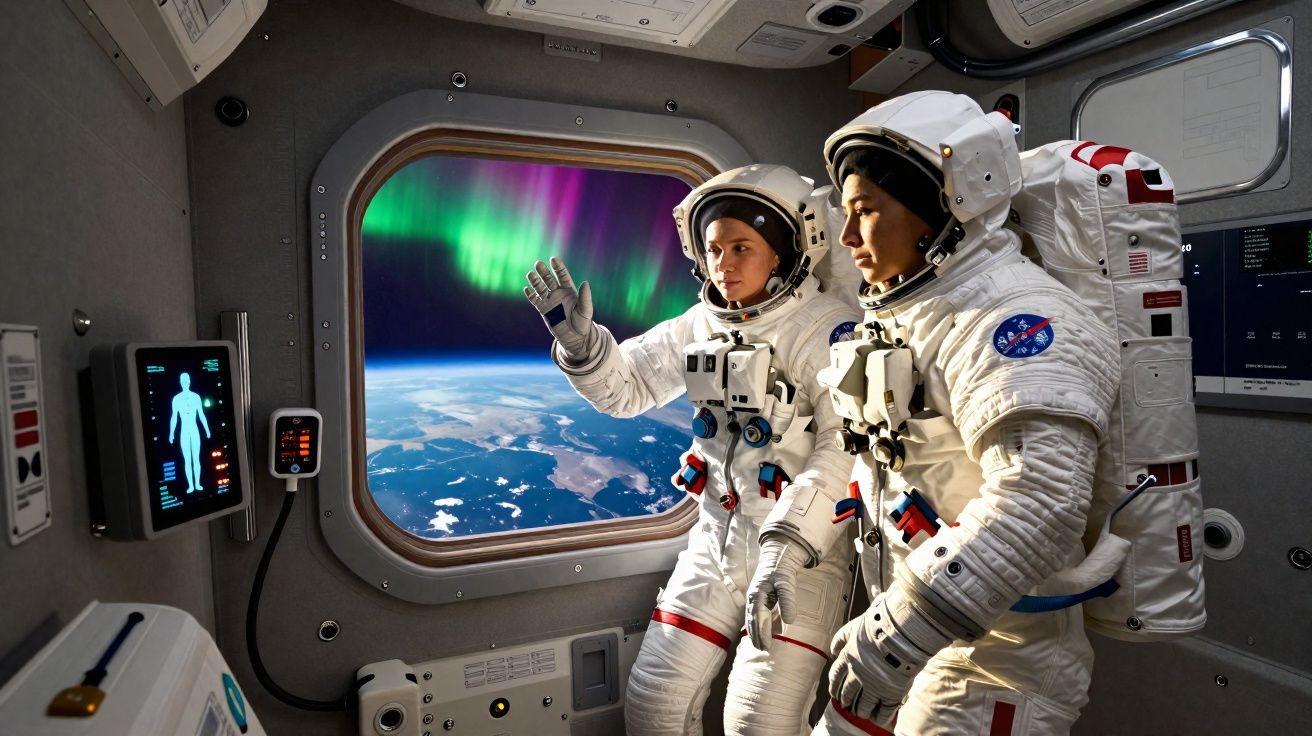 Dois astronautas dentro de uma nave espacial observando as auroras boreais e a Terra pela janela.