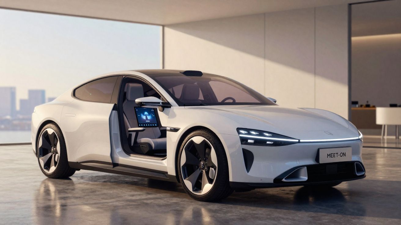 Carro elétrico branco com porta dianteira aberta mostrando interior tecnológico em ambiente moderno iluminado.