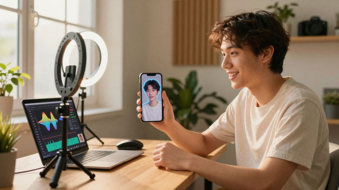 Jovem sorrindo em vídeo chamada pelo celular, com laptop e ring light em mesa de madeira.