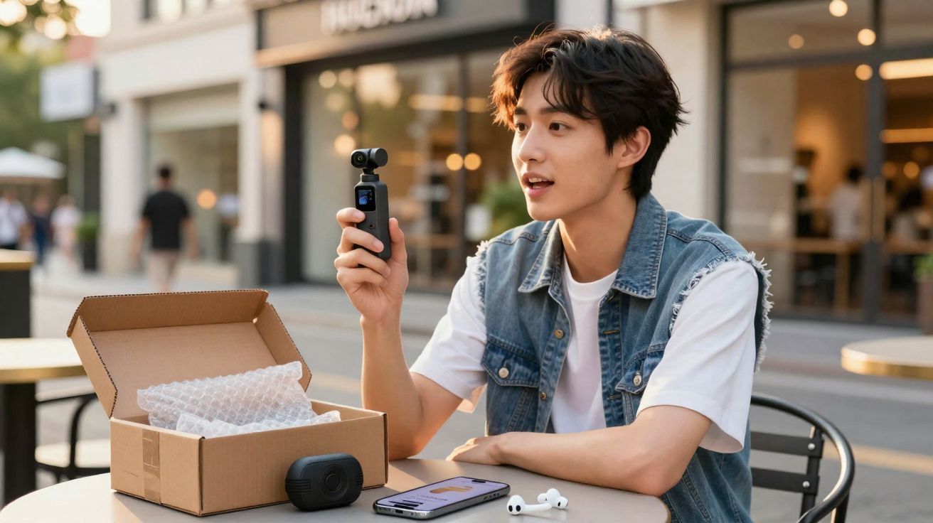 Jovem sentado em mesa ao ar livre segurando câmera pequena com caixa de embalagem, celular e fones sobre a mesa.
