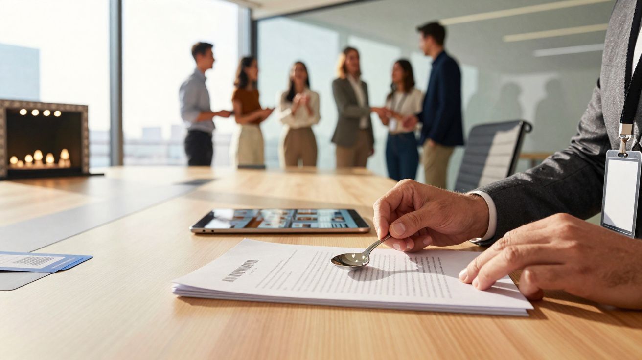 Pessoa com colher mexendo em documentos sobre mesa em sala de reunião, com grupo conversando ao fundo.