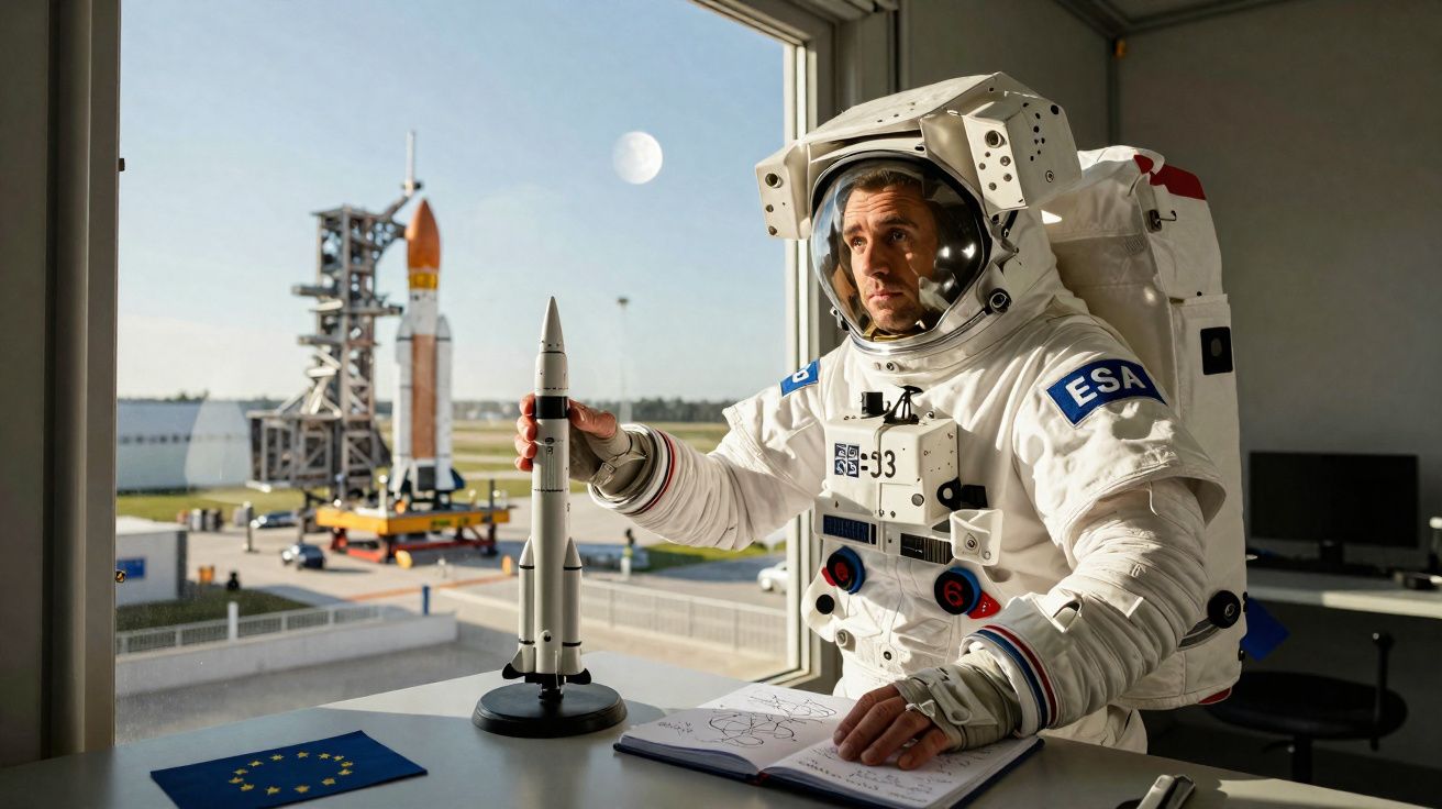 Astronauta com traje ESA sentado em mesa segurando modelo de foguete com base de lançamento ao fundo vista pela janela.