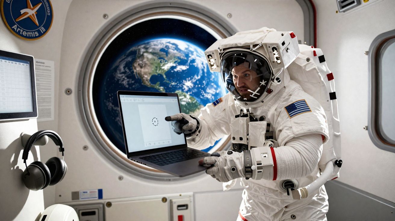 Astronauta com traje espacial dentro de estação espacial com Terra visível pela janela e laptop na mão.