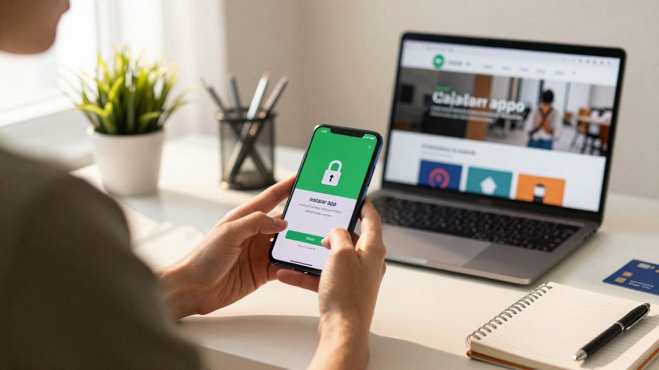 Pessoa usando smartphone com tela de bloqueio, ao fundo notebook e mesa com caderno e caneta.