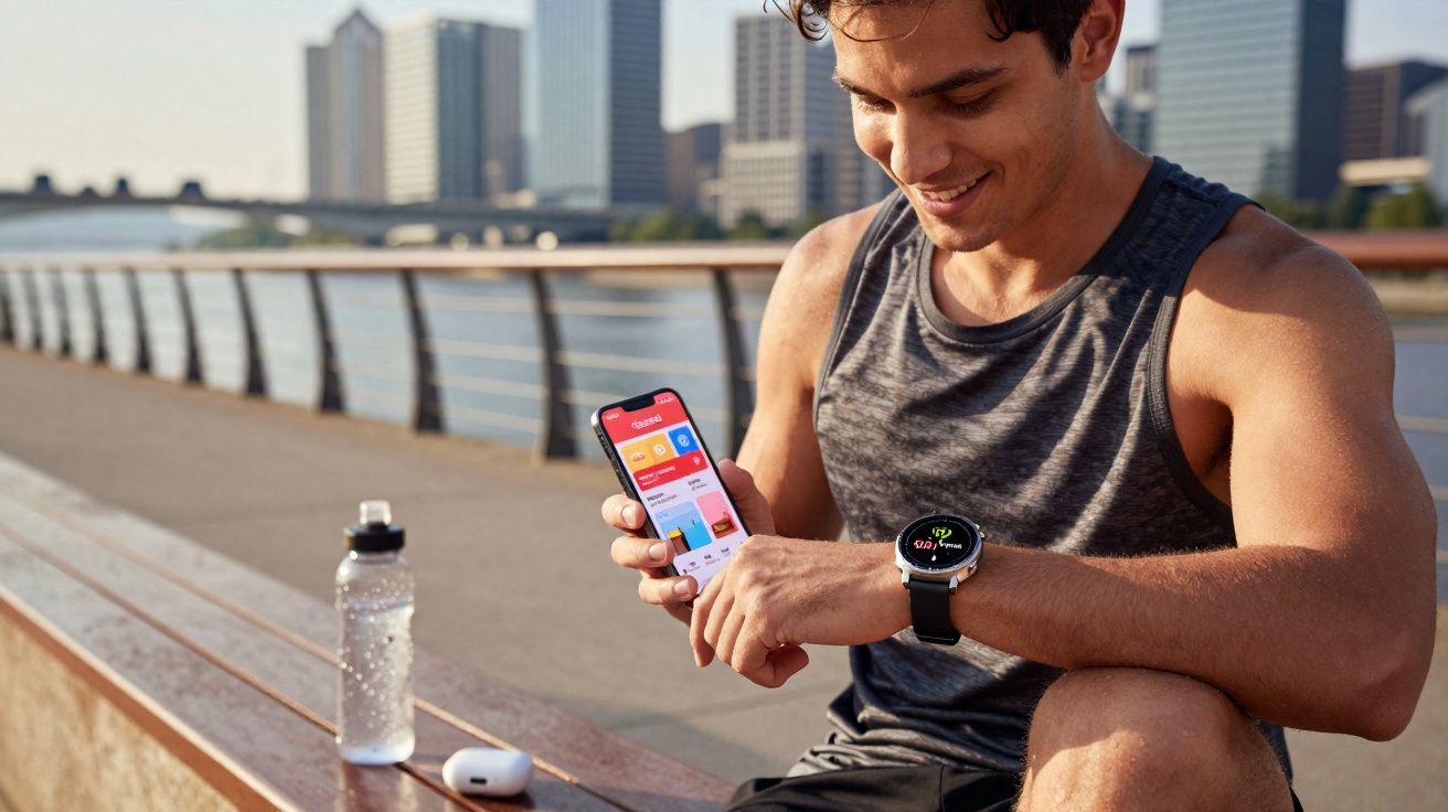 Homem com roupa esportiva sentado em banco, usando celular e relógio inteligente ao ar livre na cidade.