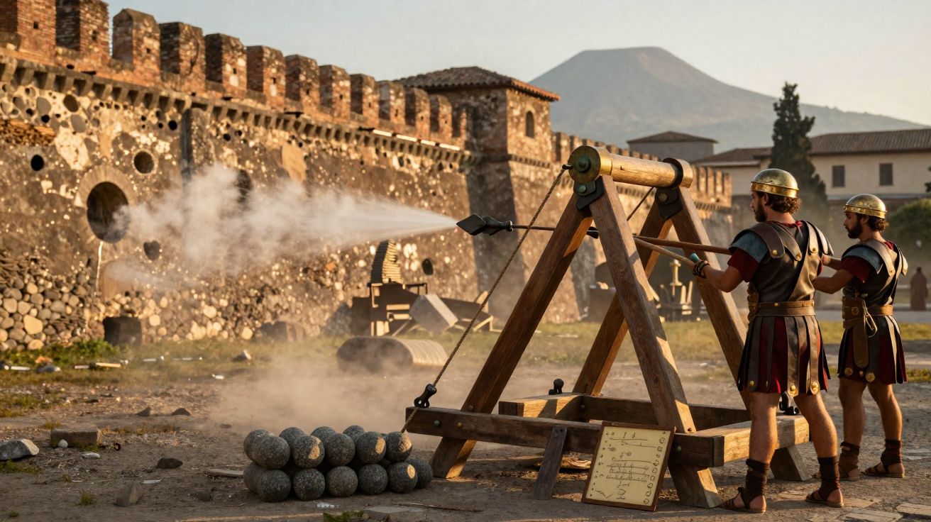 Dois homens vestidos como soldados romanos operam um trabuco perto de muros antigos com montanha ao fundo.