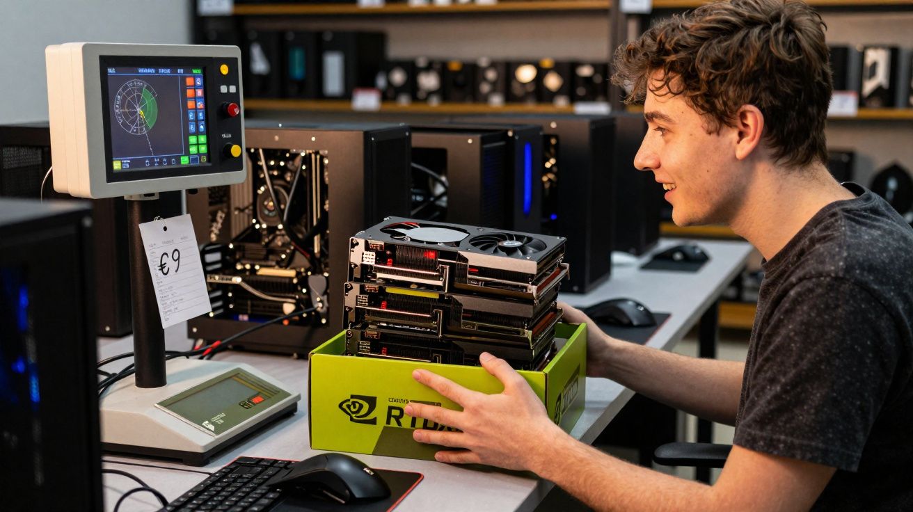 Jovem sentado pesa placas de vídeo usadas em caixa verde com balança digital ao lado em ambiente tecnológico.
