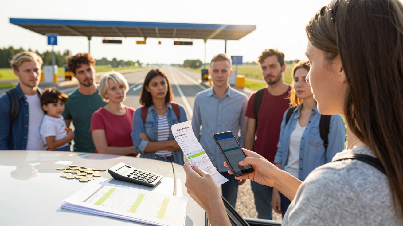 Mulher segura documento e celular mostrando conta de luz a grupo preocupado em pedágio aberto.