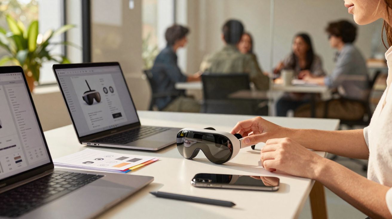 Pessoa segura óculos de realidade virtual em mesa com dois laptops, celular e caneta, grupo em reunião ao fundo.