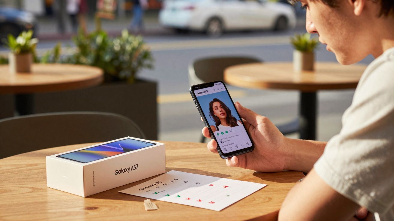 Pessoa segurando smartphone Galaxy A57 com caixa e folha de verificação sobre mesa em café.