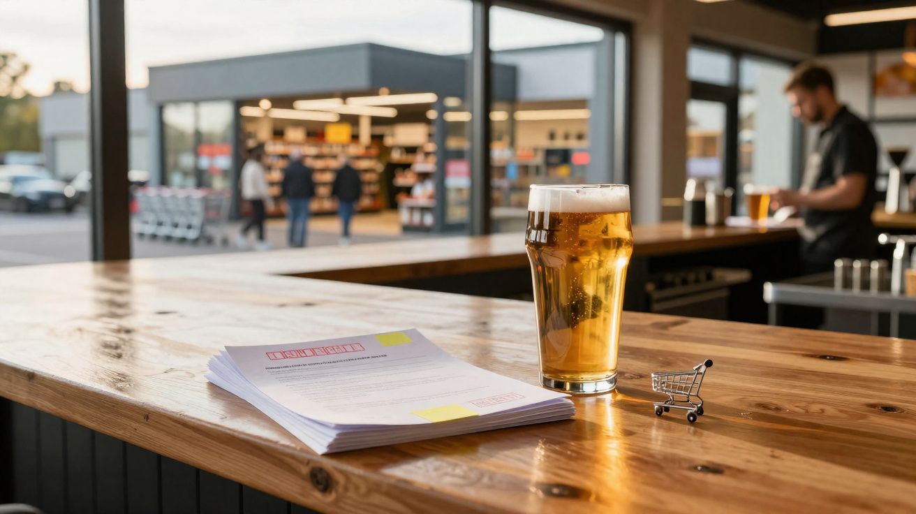 Copo de cerveja, mini carrinho de compras e documentos sobre mesa de madeira em ambiente com pessoas ao fundo.