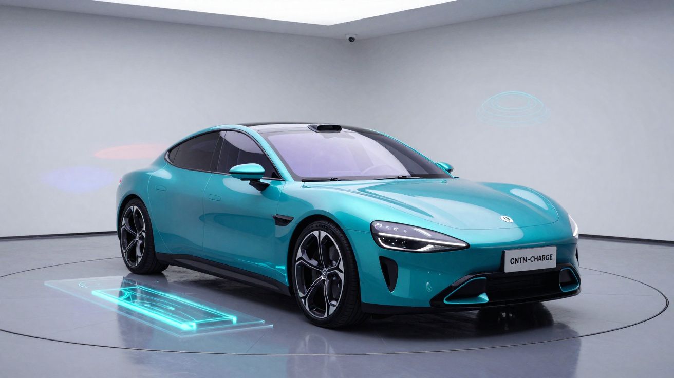 Carro esportivo elétrico azul turquesa em ambiente futurista com iluminação digital ao redor.