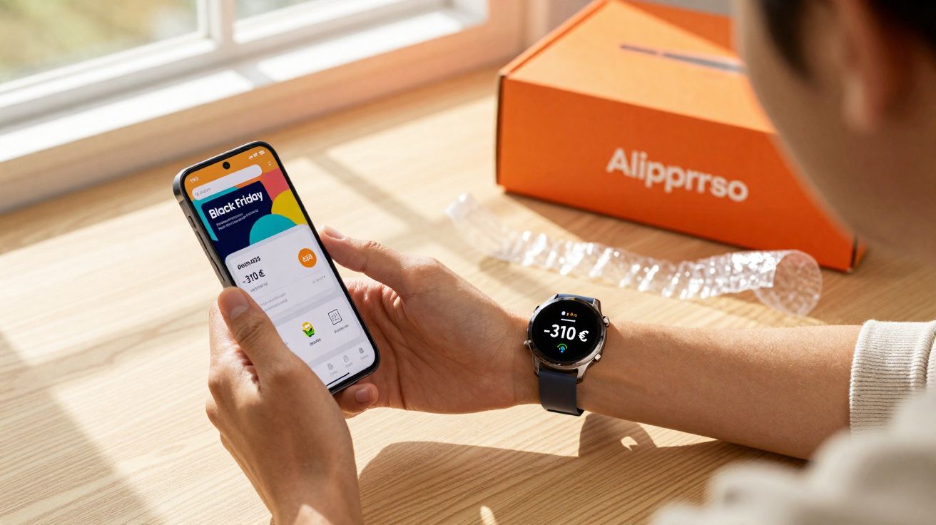 Pessoa segurando smartphone com app de descontos Black Friday, com caixa Aliprrrso ao fundo.