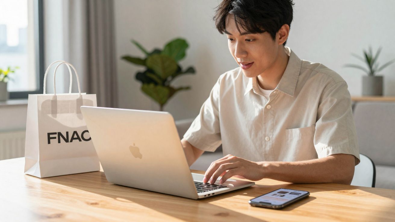 Jovem sentado em mesa usando laptop Apple com sacola FNAC e celular ao lado em ambiente iluminado.