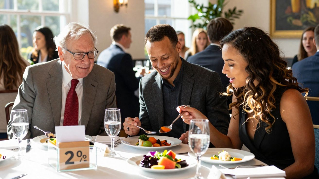 Três pessoas sorrindo durante almoço formal em restaurante, com pratos coloridos e copos de água sobre a mesa.