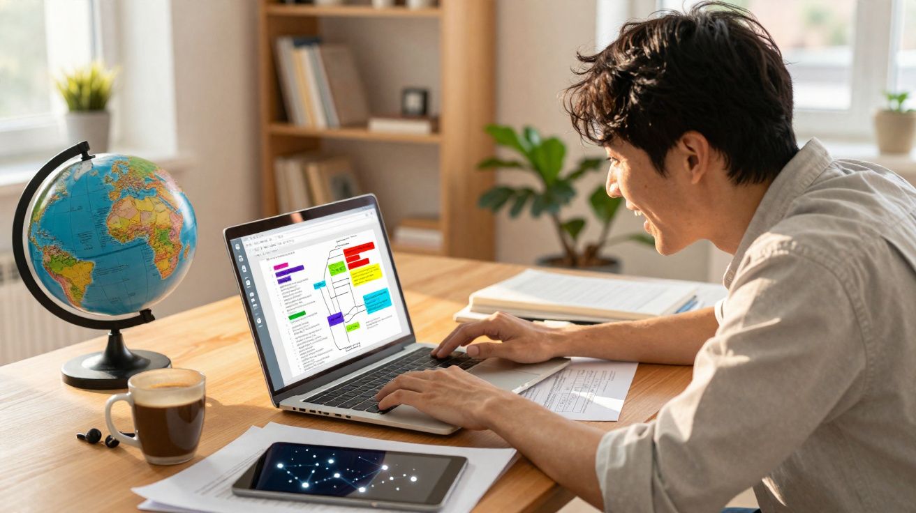 Homem sorridente trabalhando em laptop com mapa mental, tablet, café e globo terrestre numa mesa de madeira.