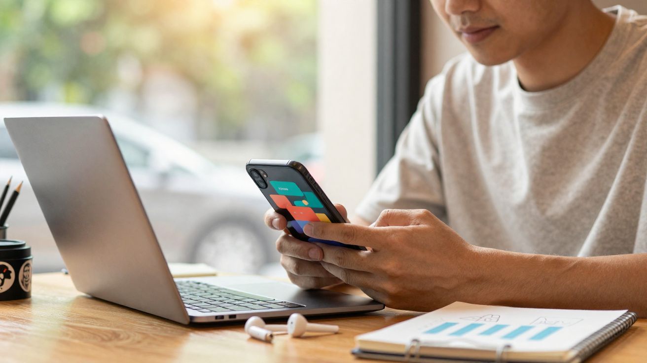 Pessoa usando smartphone ao lado de notebook e caderno com gráficos em mesa de madeira.