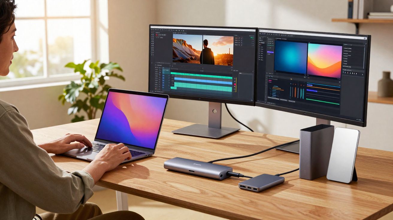 Pessoa editando vídeo em laptop conectado a dois monitores externos em mesa de madeira clara.