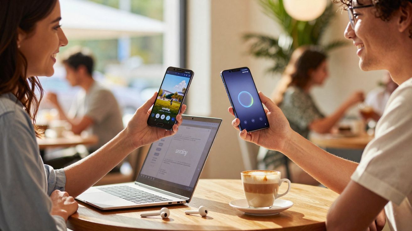 Duas pessoas sorrindo trocando telefones celulares em mesa de café com laptop e café.