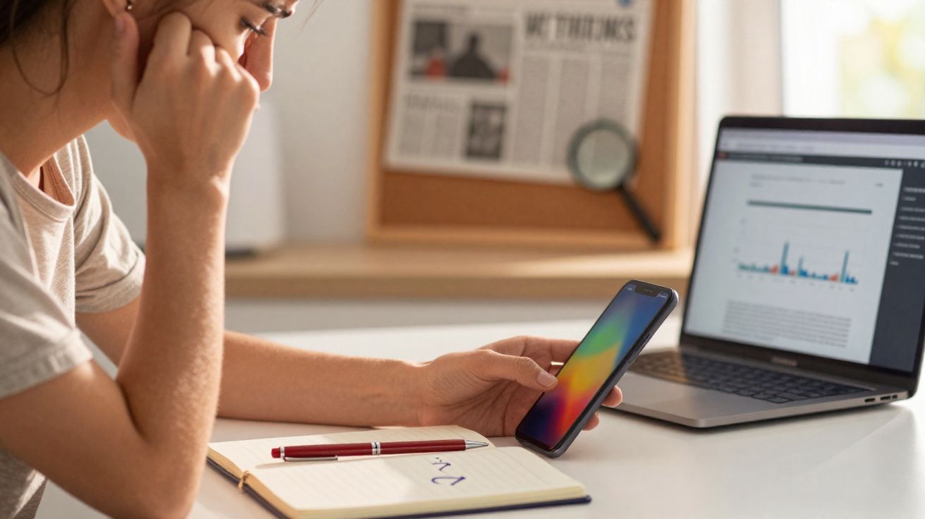 Pessoa sentada à mesa usando smartphone, com caderno e laptop abertos ao lado.