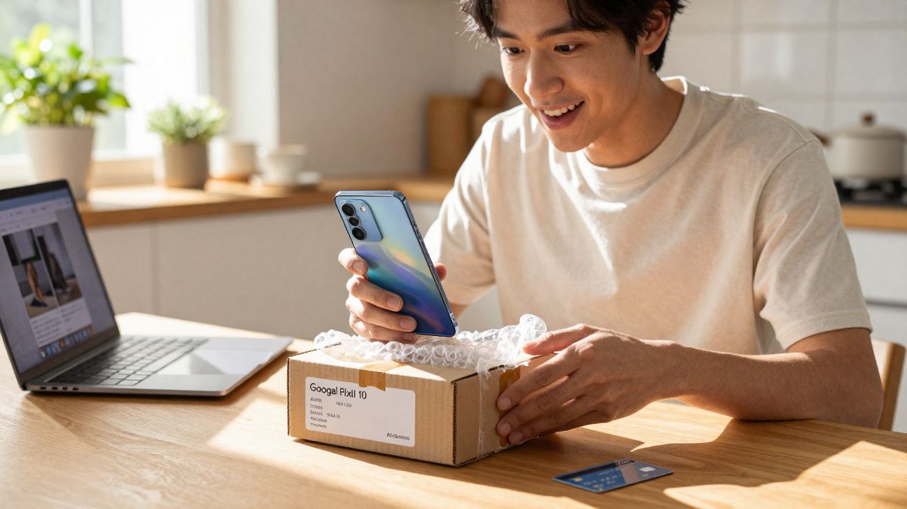 Jovem sorrindo instala novo smartphone retirado da caixa em mesa com laptop e cartão de crédito.