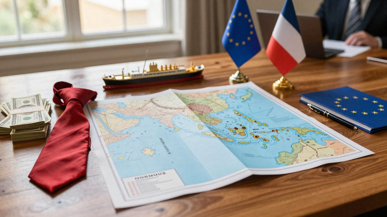 Mapa naval sobre a mesa com uma gravata vermelha, maço de dinheiro, miniatura de navio e bandeiras da União Europeia e França