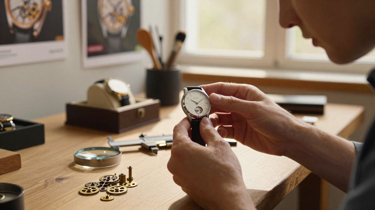 Pessoa segurando relógio de pulso em oficina de conserto com engrenagens e ferramentas sobre a mesa de madeira.