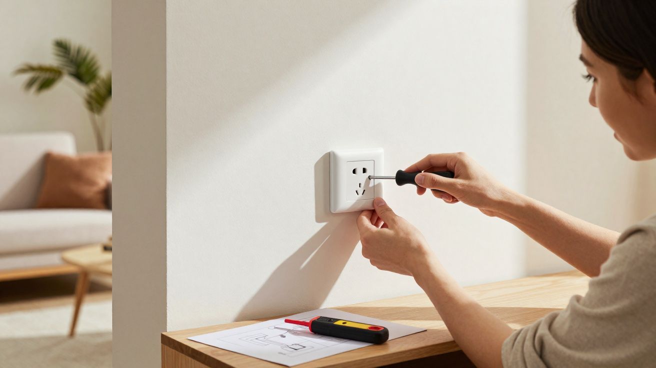 Pessoa consertando tomada branca na parede com chave de fenda em ambiente residencial iluminado.