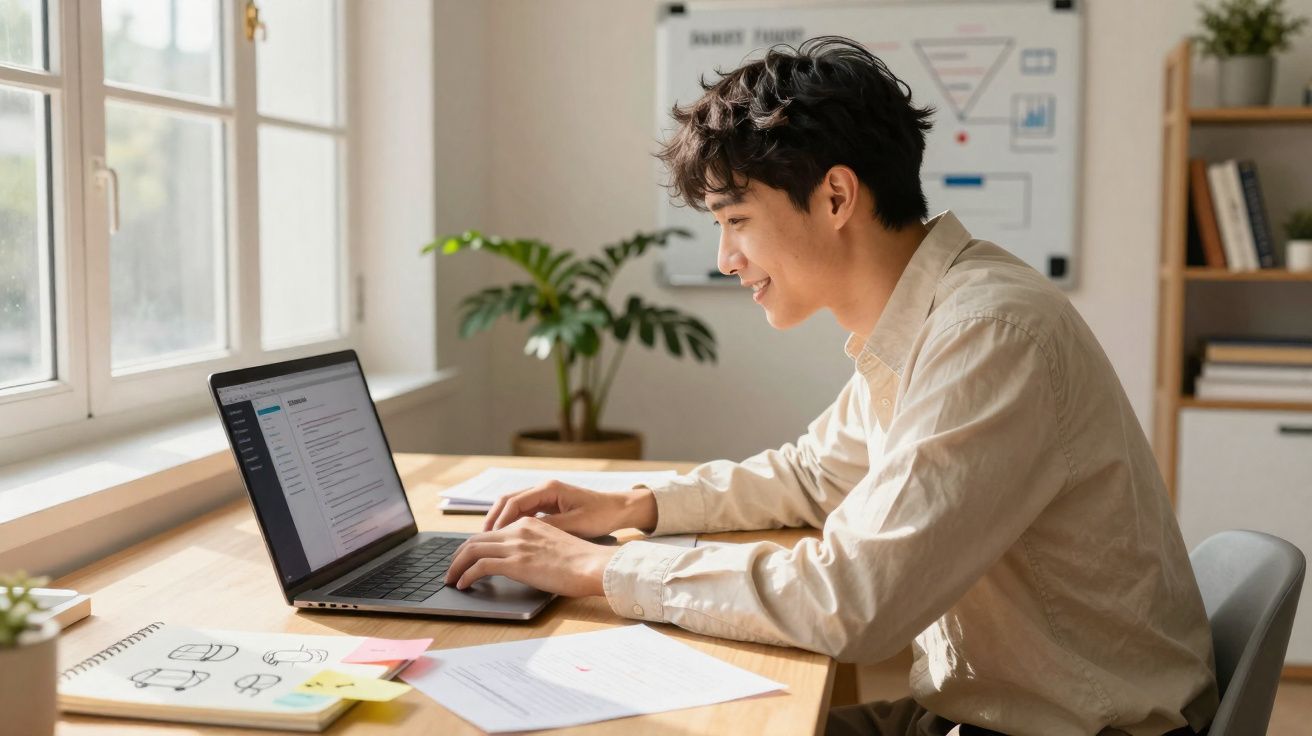 Homem jovem trabalhando em laptop em mesa de madeira próxima à janela com plantas e quadro branco ao fundo.