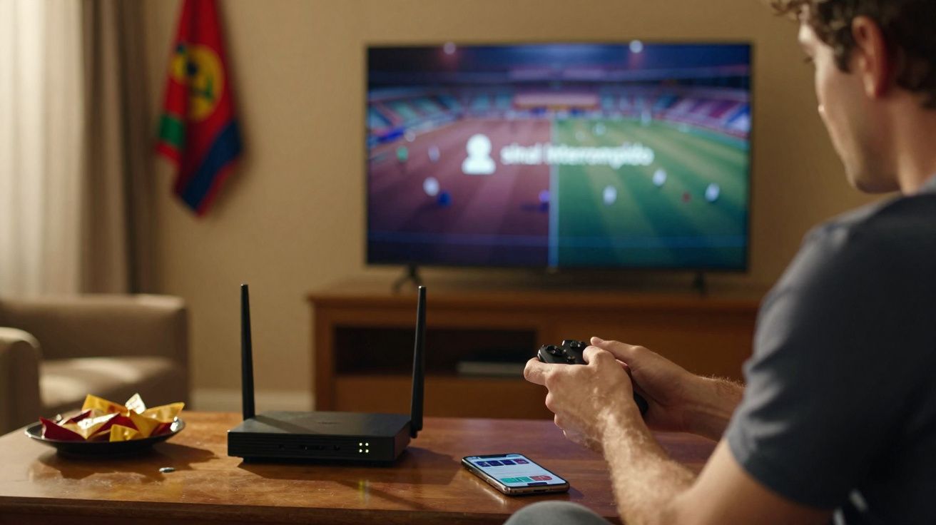 Pessoa jogando videogame na sala com roteador e smartphone sobre a mesa, TV ao fundo exibindo jogo de futebol.