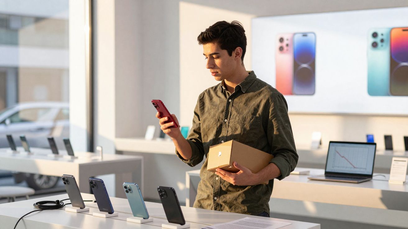 Homem em loja tecnológica segurando caixa e celular com vários smartphones expostos na mesa.