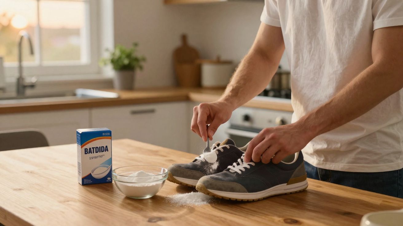 Pessoa limpando tênis com bicarbonato de sódio na cozinha, ao lado de uma tigela e caixa do produto.