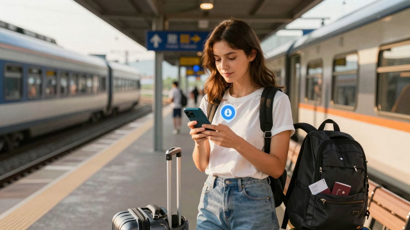 Jovem mulher com mochila e mala usando celular na plataforma de estação de trem.