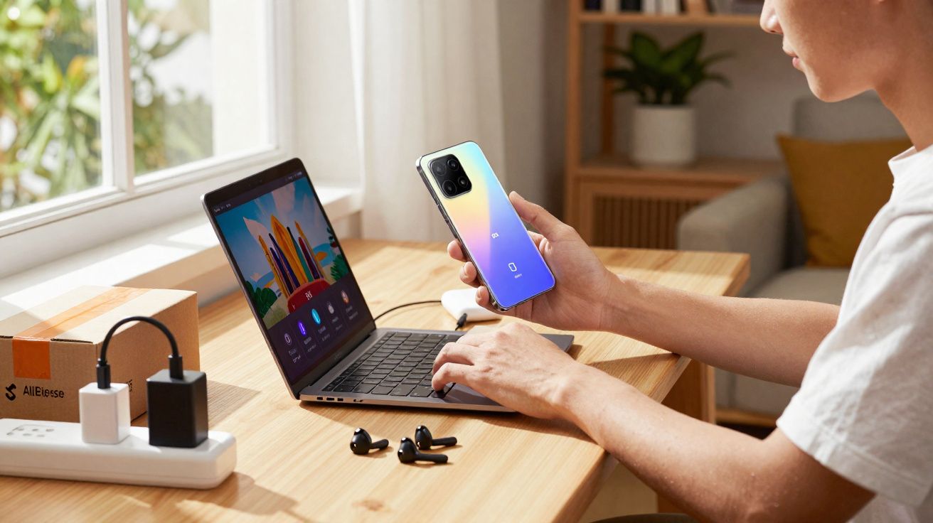 Pessoa segurando smartphone colorido perto de laptop em mesa de madeira com fones sem fio.