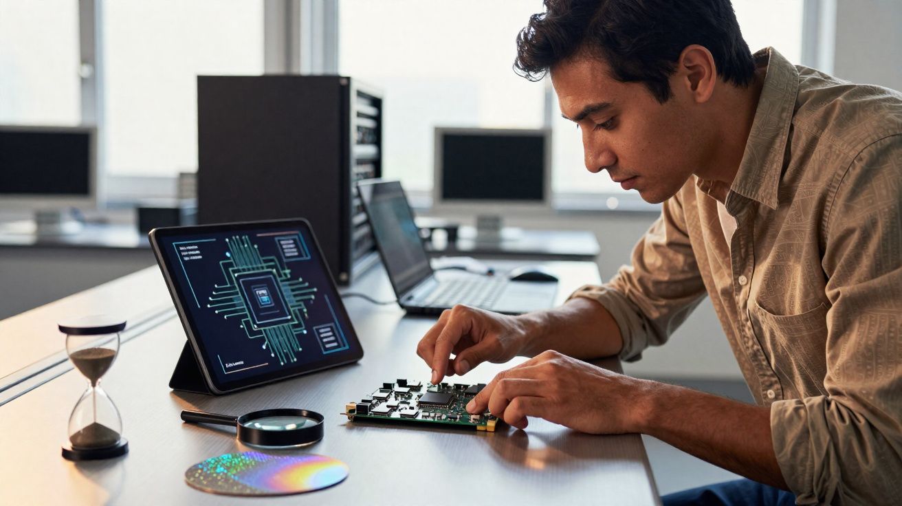 Homem trabalhando em placa eletrônica com ferramentas e tablet exibindo esquema de circuito à mesa.