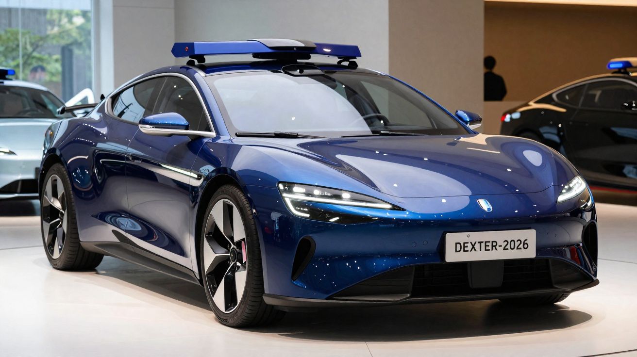 Carro policial futurista azul escuro com luzes de teto, modelo Dexter-2026, em exposição interna.